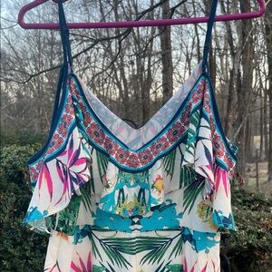 Flying Tomato Tropical Floral Ruffle Jumpsuit in Teal, Pink, Green